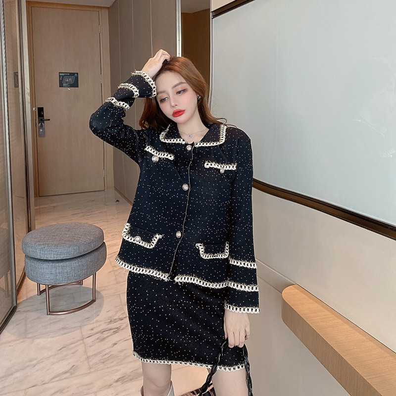 Long sleeve knitted tops all-match jacket 2pcs set
