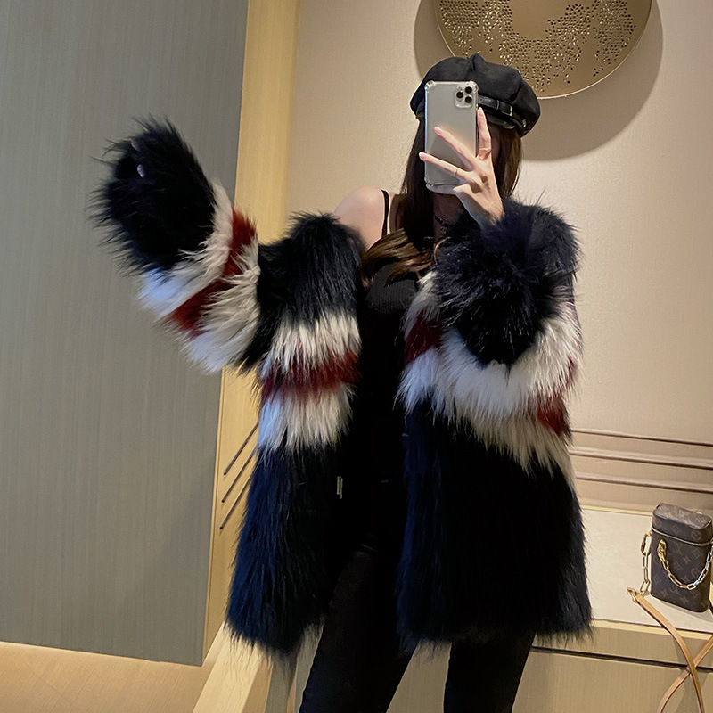Raccoon fur fashion fur coat winter weave overcoat for women