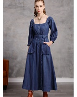 Large pockets autumn belt retro binding dress for women