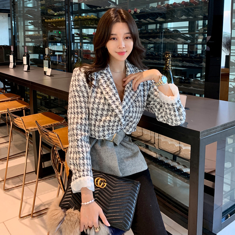 Woolen plaid short belt winter Korean style temperament coat