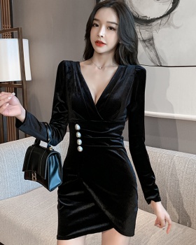 Sexy pinched waist dress velvet T-back for women