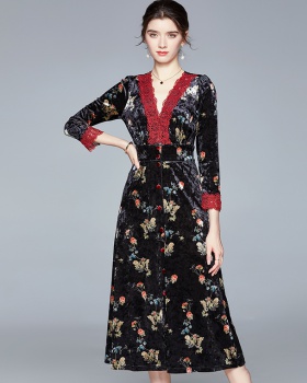 Splice V-neck lace floral slim pinched waist dress