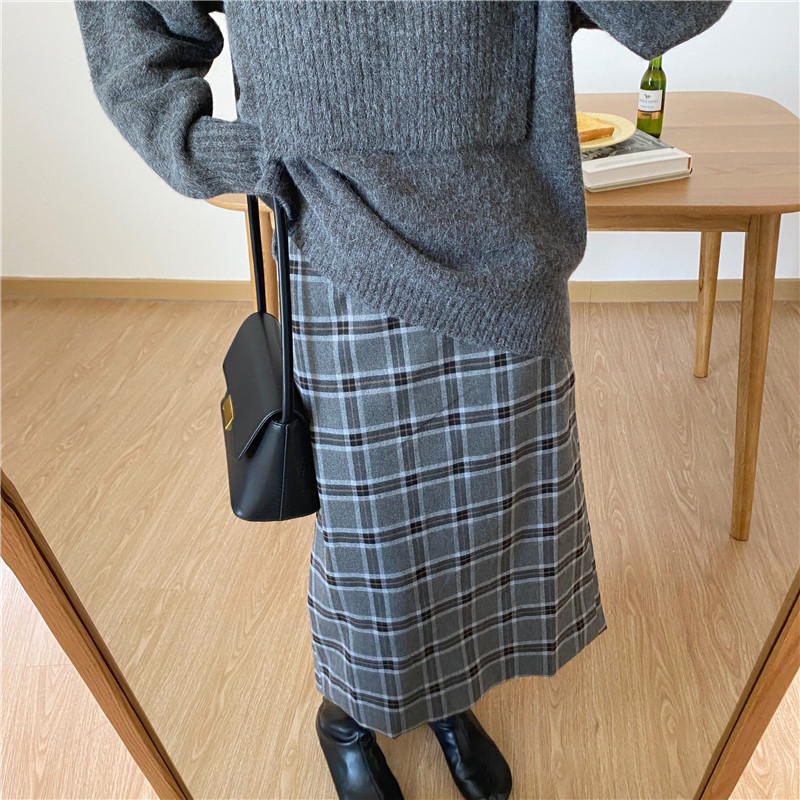 High waist plaid long slim Korean style skirt