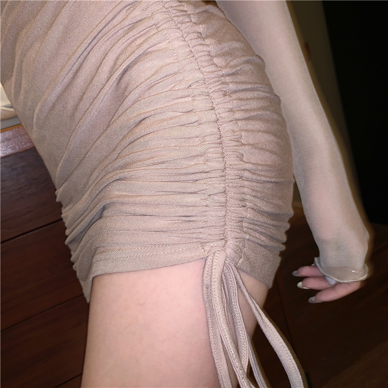 Splice drawstring perspective fold gauze sexy dress