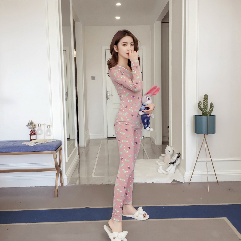 Thermal autumn and winter long sleeve pajamas 2pcs set for women