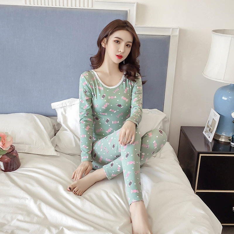 Thermal autumn and winter long sleeve pajamas 2pcs set for women