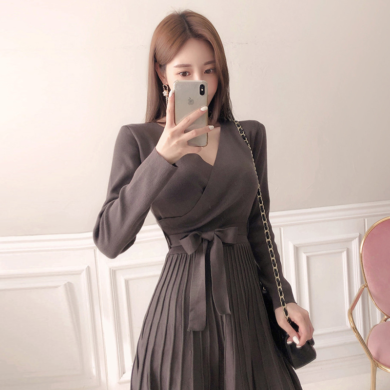 Frenum winter Korean style pinched waist sweater dress