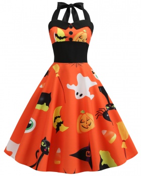 Sexy printing halloween big skirt halter dress