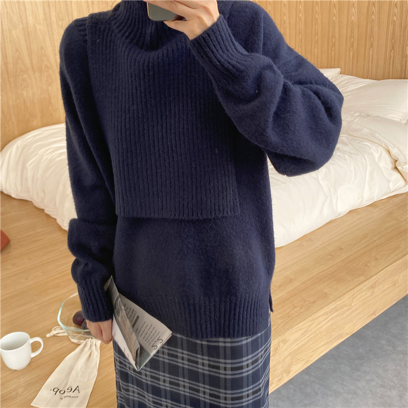 V-neck high collar shawl pullover sweater 2pcs set