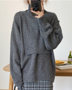 V-neck high collar shawl pullover sweater 2pcs set