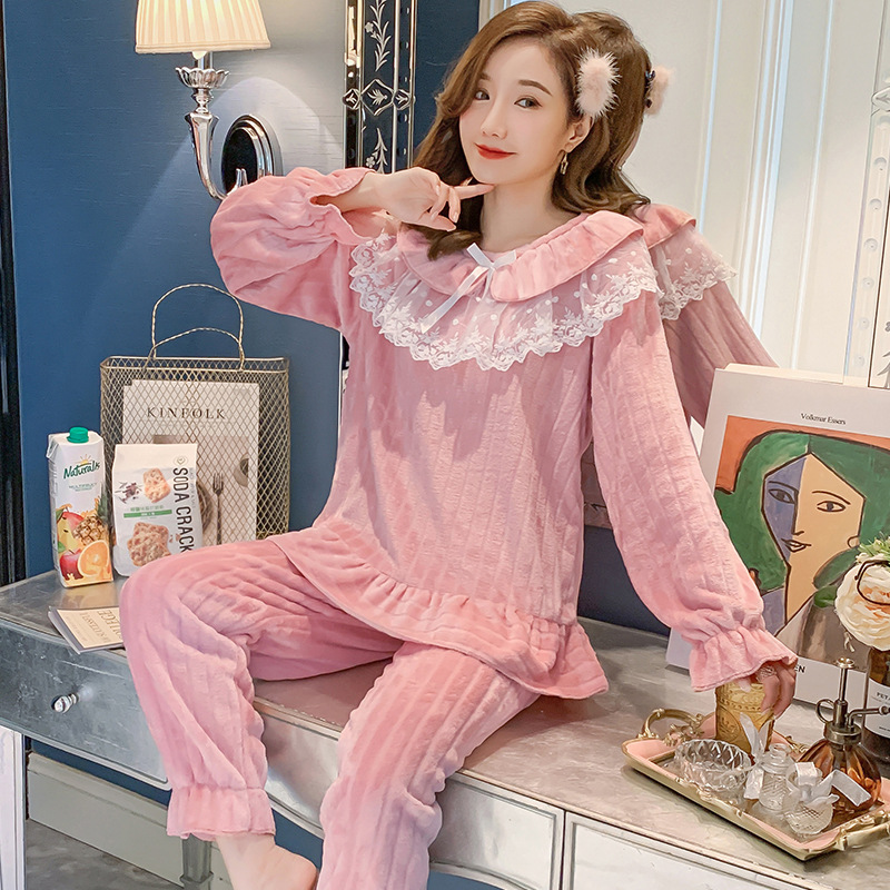 Doll collar loose girl flannel all-match pajamas a set