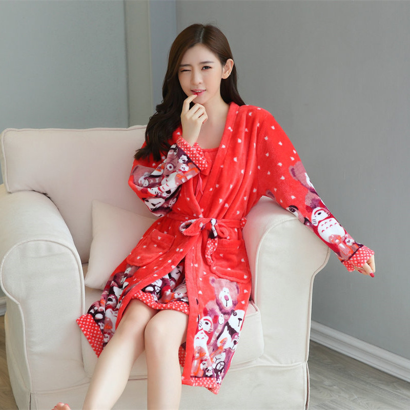 Sling pajamas flannel bathrobes 2pcs set for women