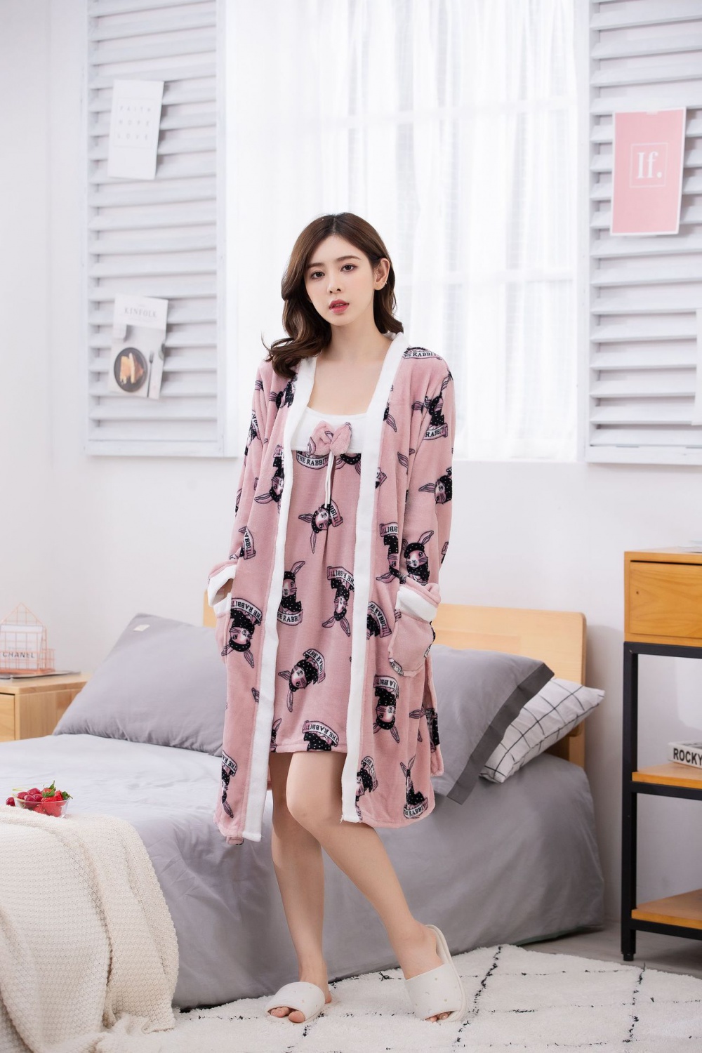Coral velvet bathrobes kimono 2pcs set for women