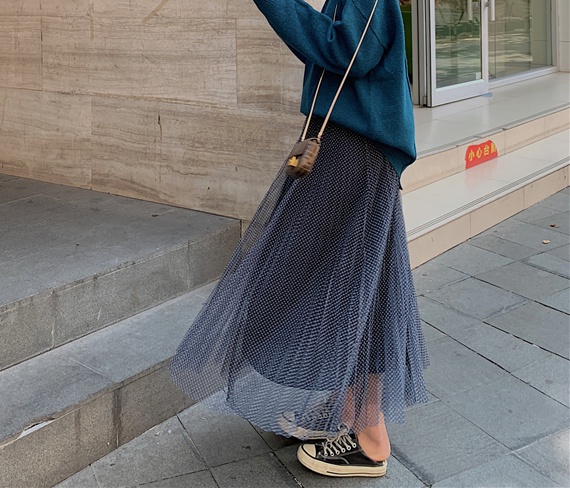 Gauze pleated plaid long skirt retro slim tender skirt