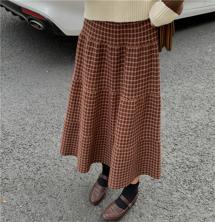 Plaid splice high waist slim knitted big skirt winter skirt