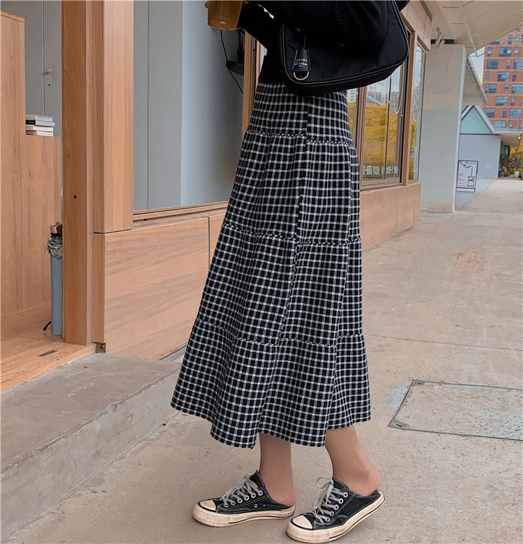Plaid splice high waist slim knitted big skirt winter skirt
