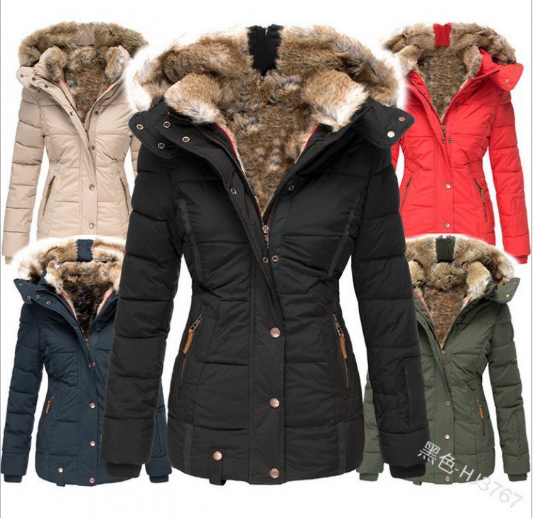 Slim fur collar overcoat hooded winter cotton coat for women