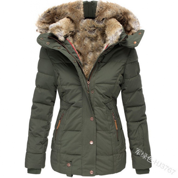 Slim fur collar overcoat hooded winter cotton coat for women
