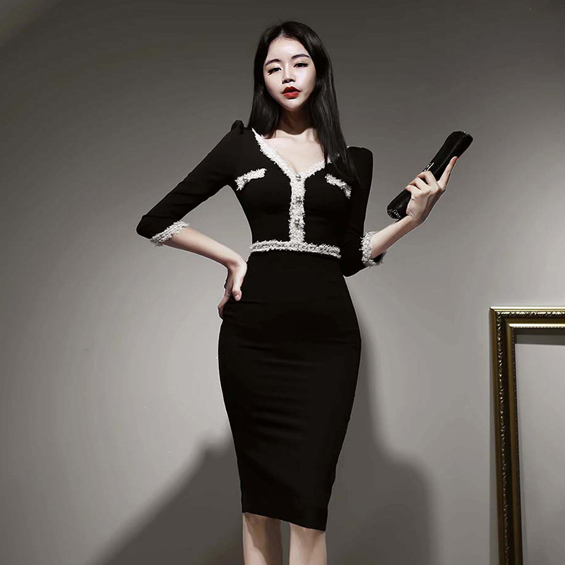 Package hip V-neck slim ladies Korean style dress