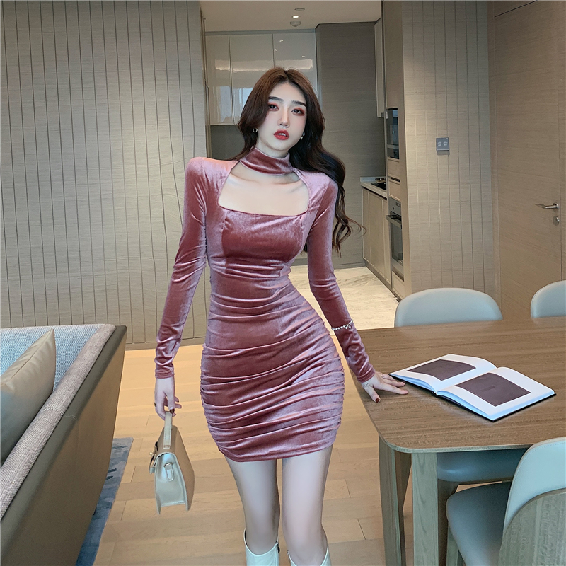 Package hip square collar velvet Korean style dress