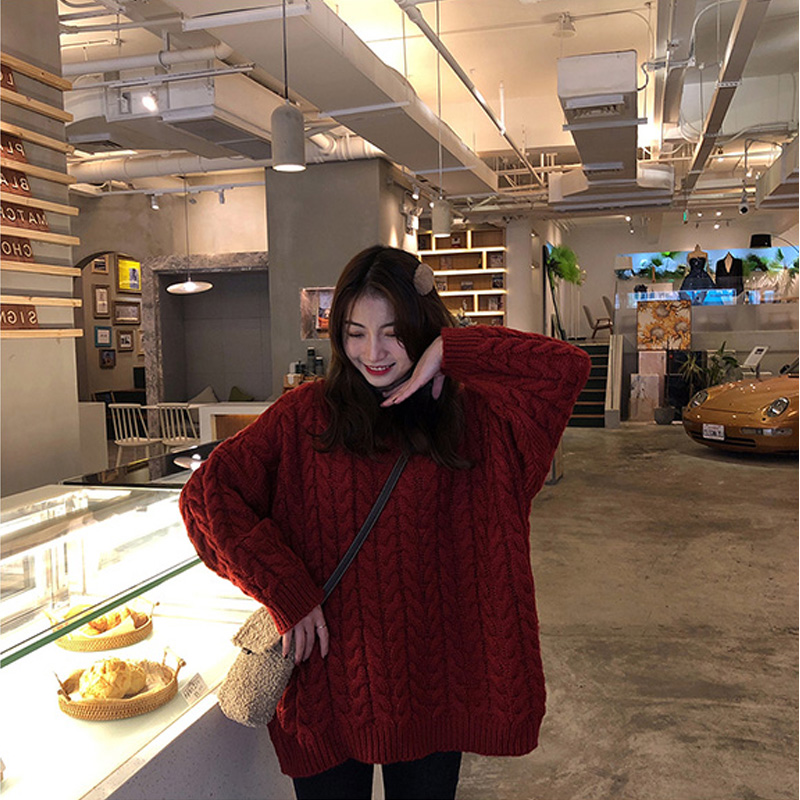 Red long twist thick pullover Korean style lazy sweater