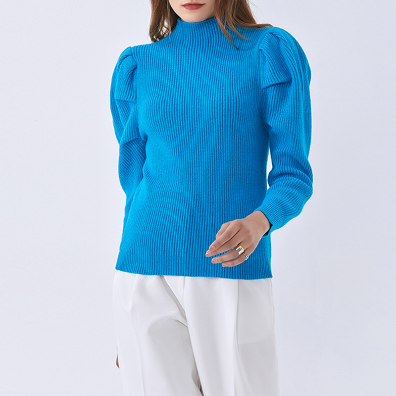 Candy colors puff sleeve sweater slim tops for women