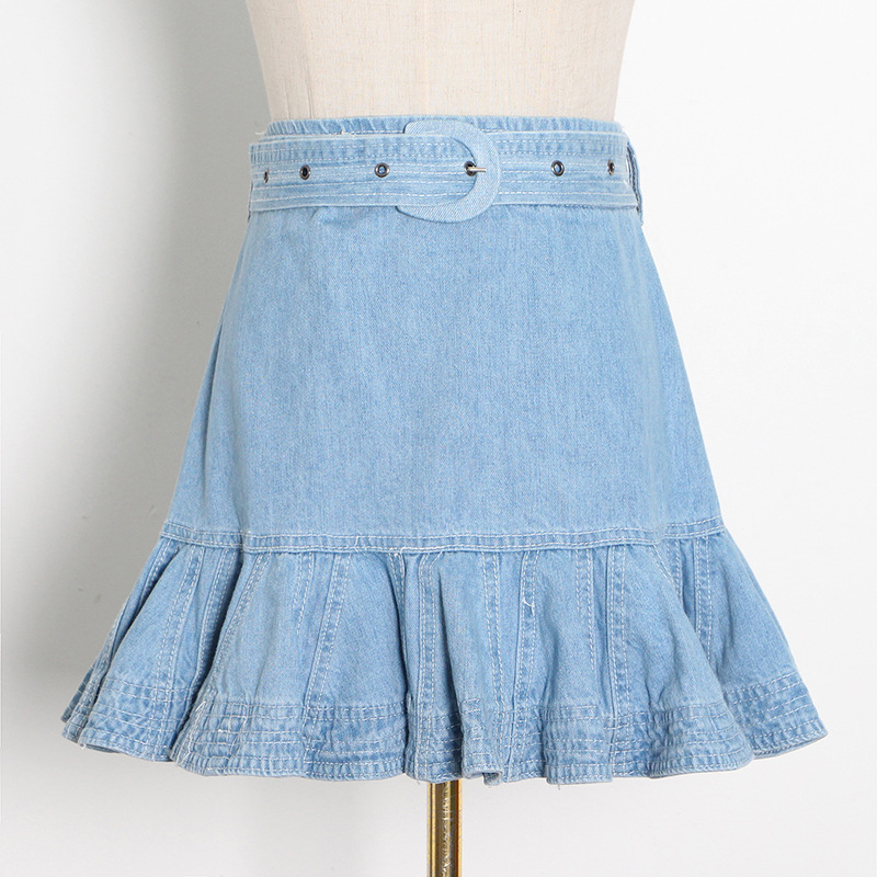 Fashion autumn denim pleated short frenum hem retro skirt