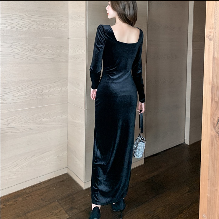 Velvet temperament low-cut sexy split flat shoulder dress