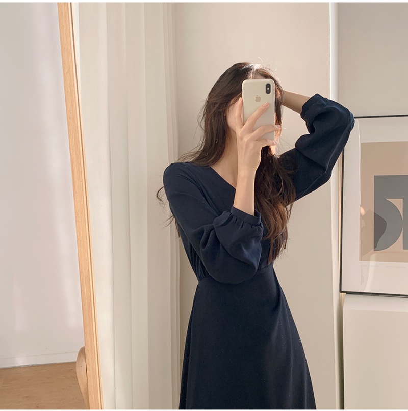 Korean style all-match V-neck simple pure long dress