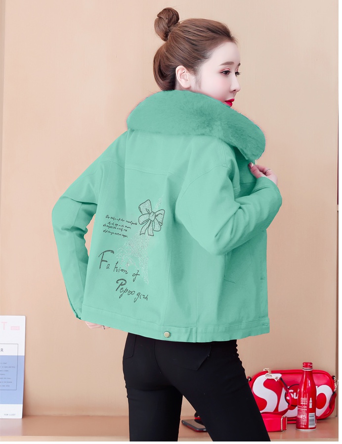 Korean style denim coat large fur collar cotton coat