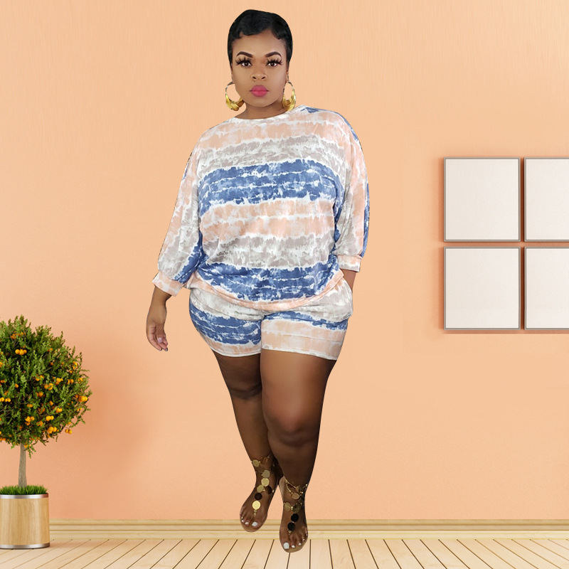 Stripe large yard printing shorts 2pcs set for women