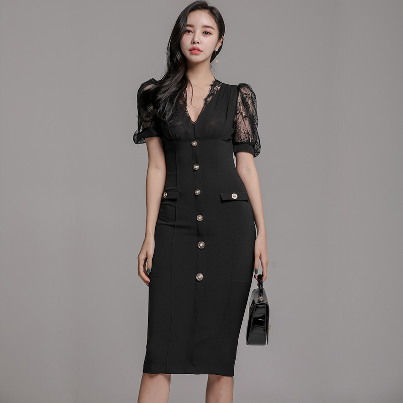 Korean style slim profession V-neck package hip dress