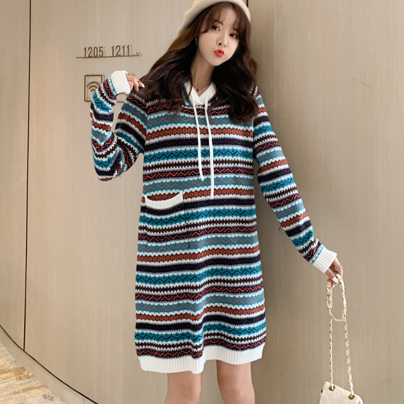 National style hooded long sweater dress for women