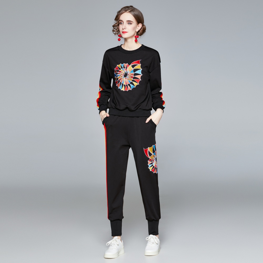 Personality embroidery hoodie splice casual pants a set