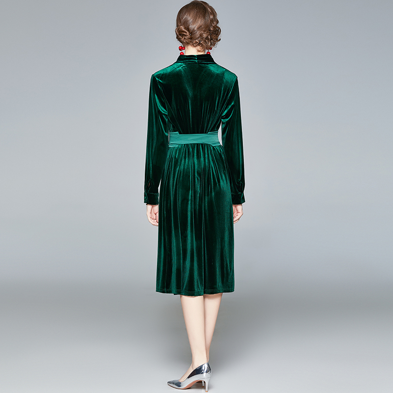 V-neck dark-green long dress retro temperament dress