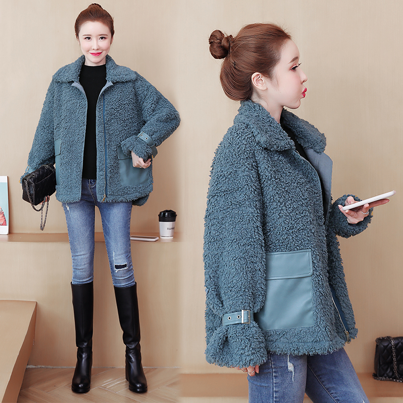 Splice loose blue autumn and winter coat for women