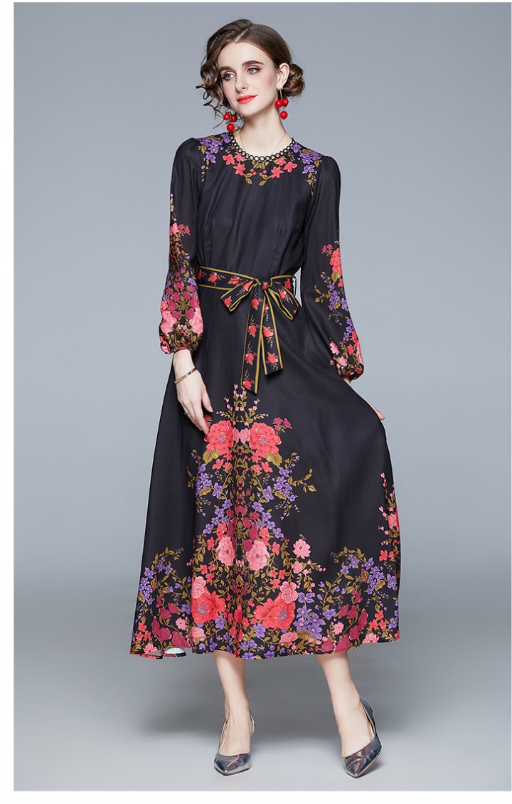Floral vacation dress pinched waist long dress