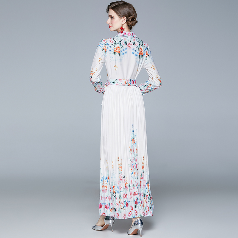 Printing winter pleated dress long sleeve fashion lapel shirt