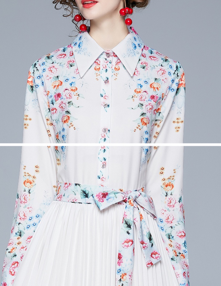 Printing winter pleated dress long sleeve fashion lapel shirt