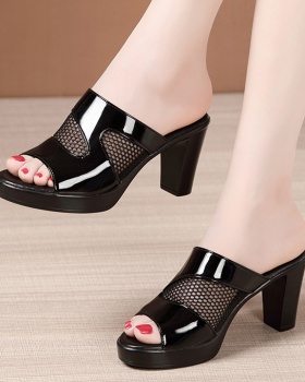 Patent leather slippers gauze platform for women