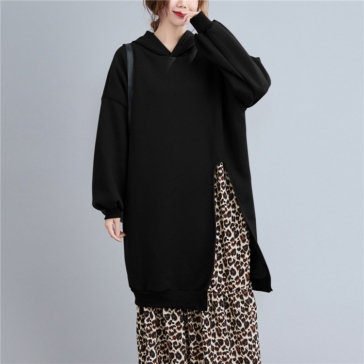 Splice loose long dress leopard hooded hoodie