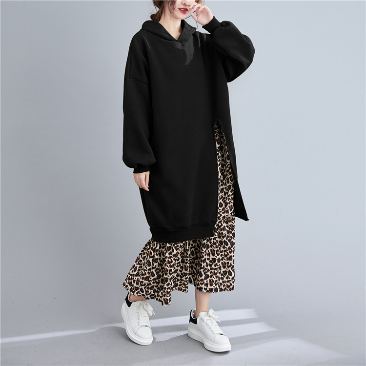 Splice loose long dress leopard hooded hoodie