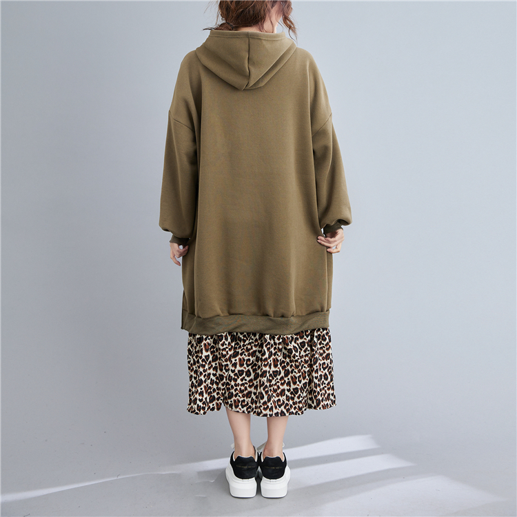 Splice loose long dress leopard hoodie for women