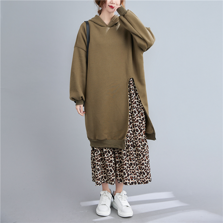 Splice loose long dress leopard hoodie for women