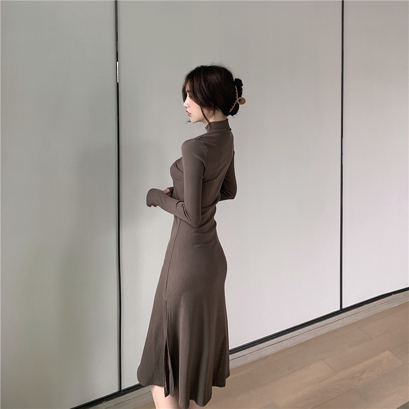 Split high collar slim Korean style fold dress