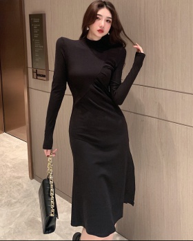 Split high collar slim Korean style fold dress