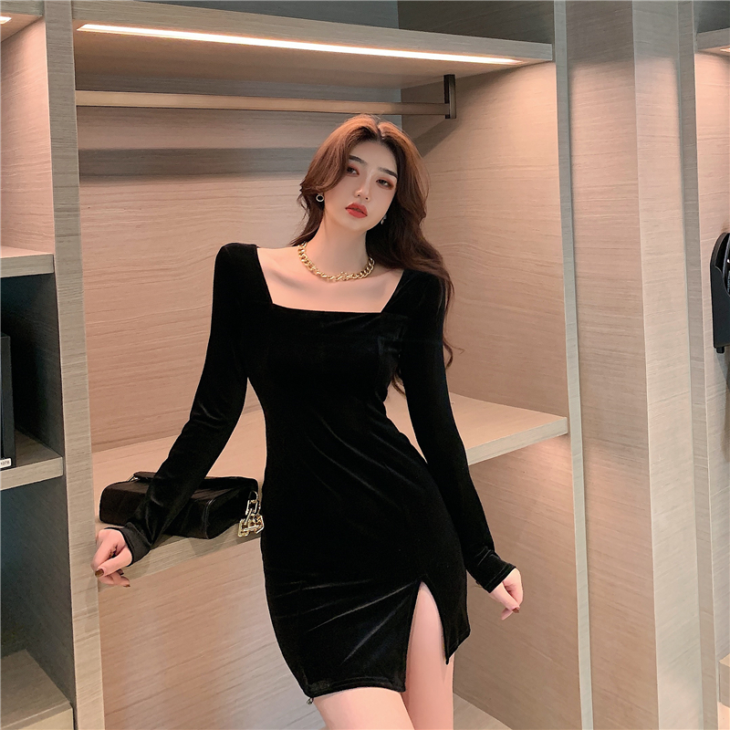 Square collar winter split Korean style sexy bottoming dress