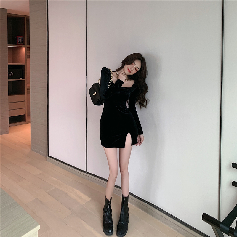 Square collar winter split Korean style sexy bottoming dress