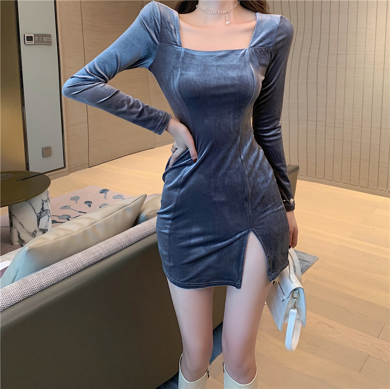 Square collar winter split Korean style sexy bottoming dress