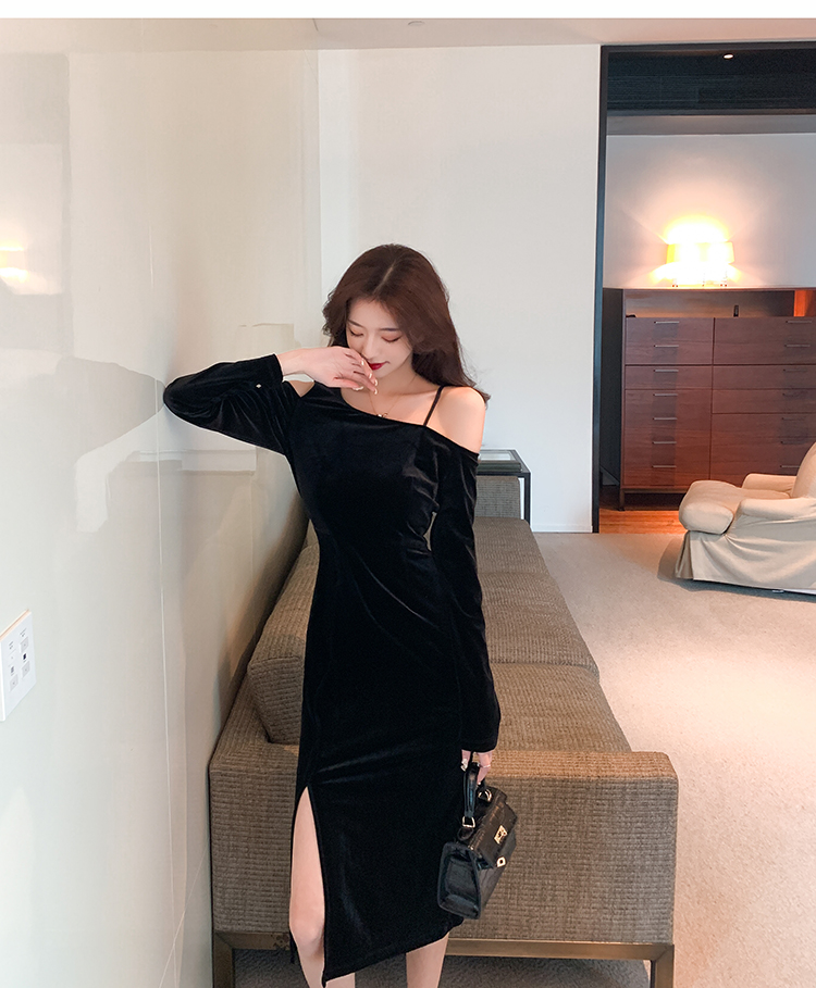 Long sleeve pure velvet split temperament package hip dress